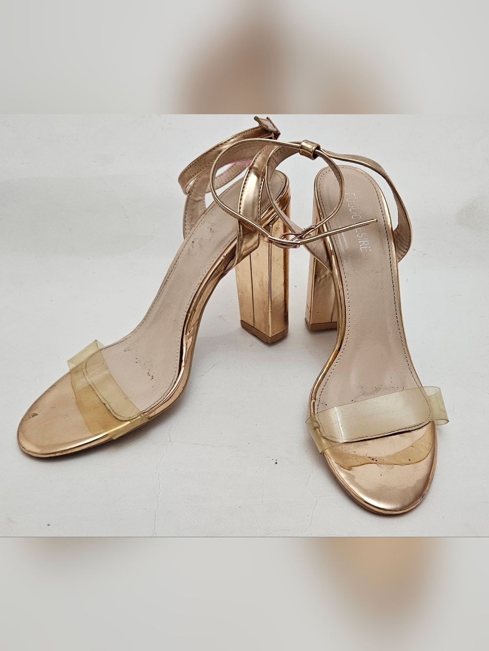 Public Desire Rose Gold Block 5" Heels with Ankle Straps, UK 7 (US 9)